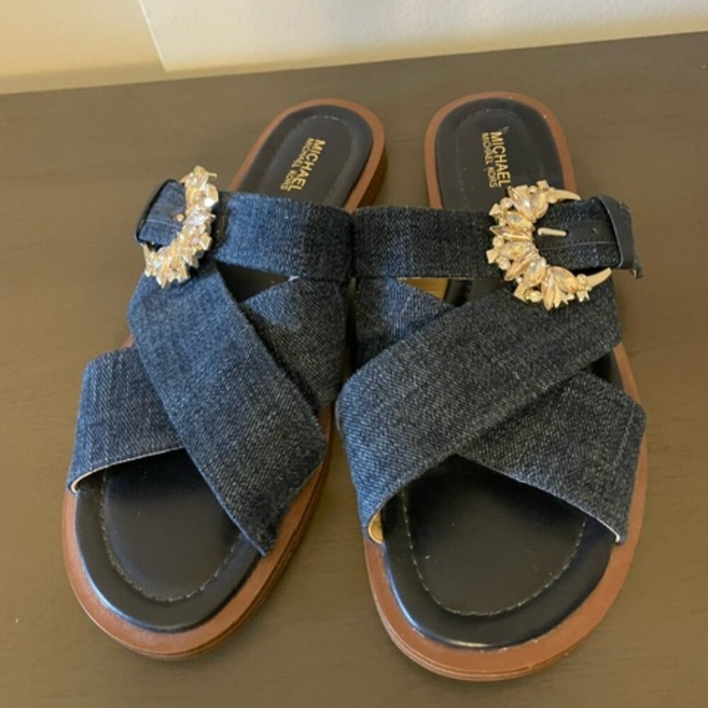 MICHAEL MICHAEL KORS Frieda denim and Rhinestone Slide Sandal 7.5M $130 EUC - Picture 3 of 5
